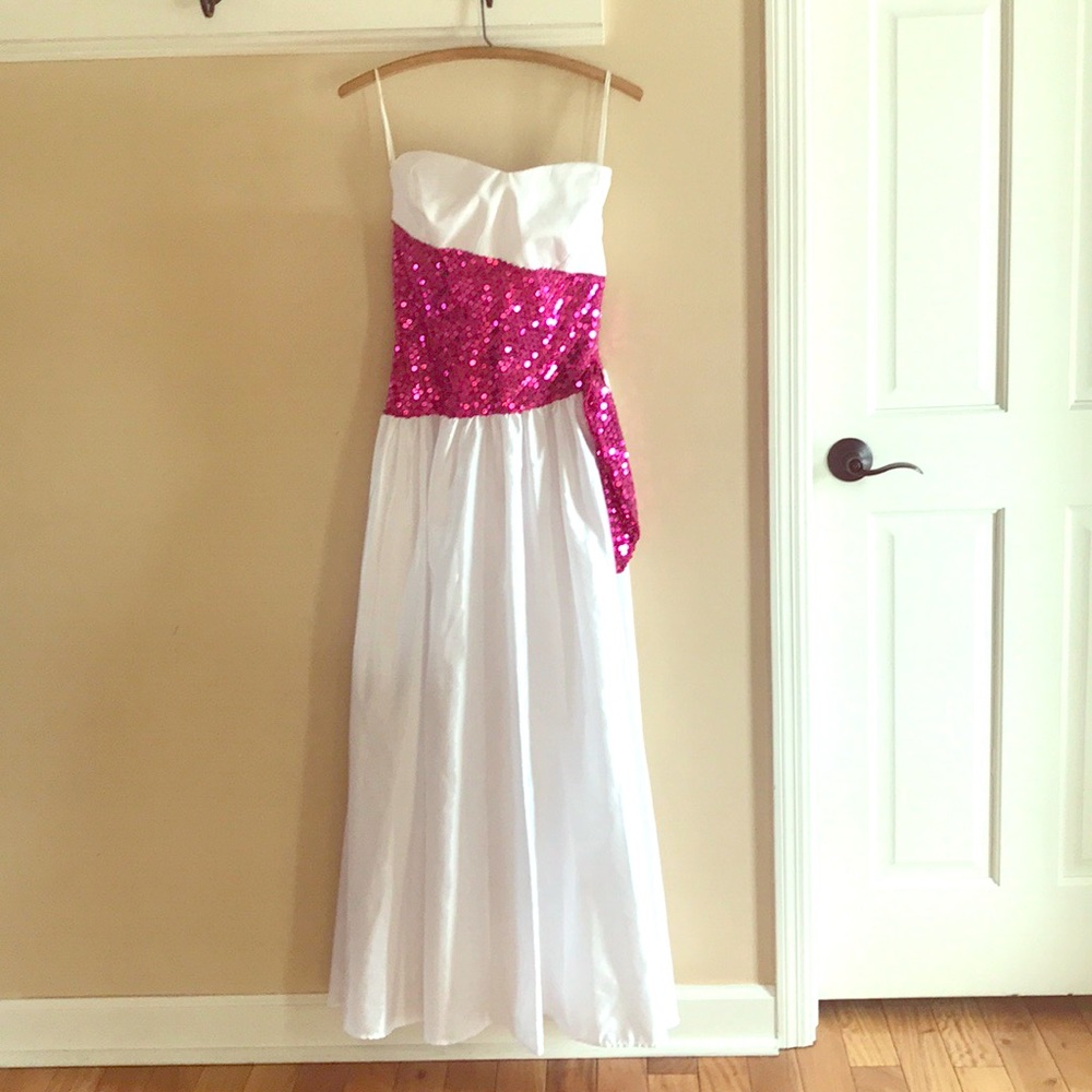 1990 White and hot pink sequins formal dress